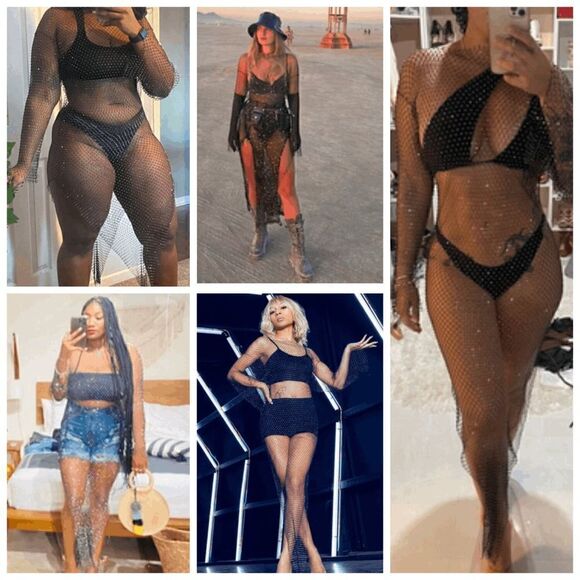 ✨💎 NWT Rhinestone Crystal Diamond Fishnet Mesh Sheer Long Sleeve Maxi Dress L - Picture 12 of 17